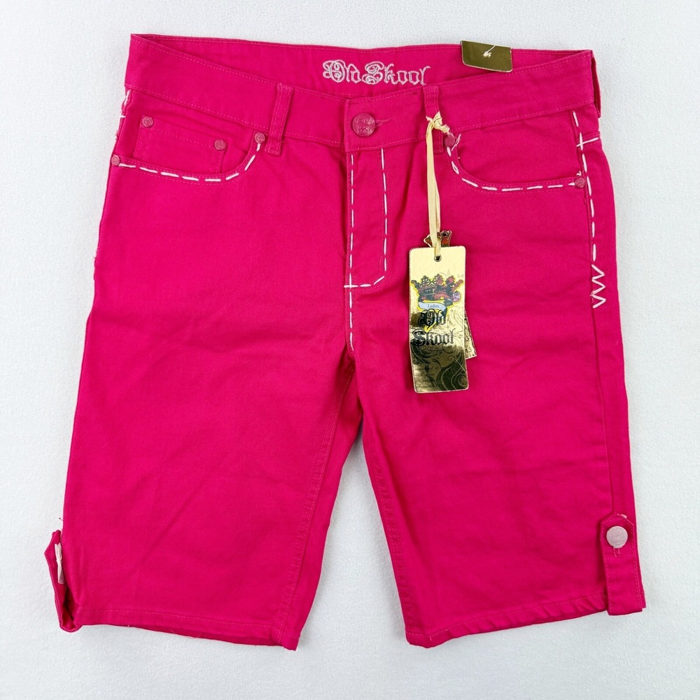 Old Skool Hot Pink White Stitch Capri Shorts‎ Womens Size 13 Roll Cuff Button